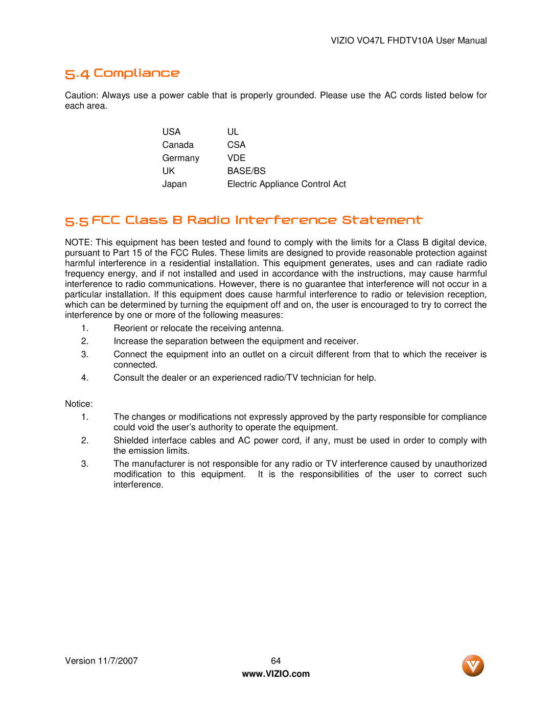 Vizio VO47L FHDTV10A manual Compliance, FCC Class B Radio Interference Statement 