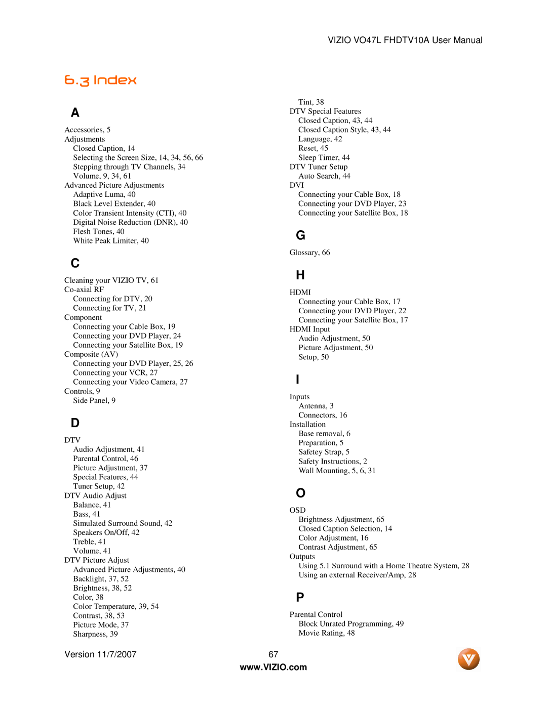 Vizio VO47L FHDTV10A manual Index, Dtv 