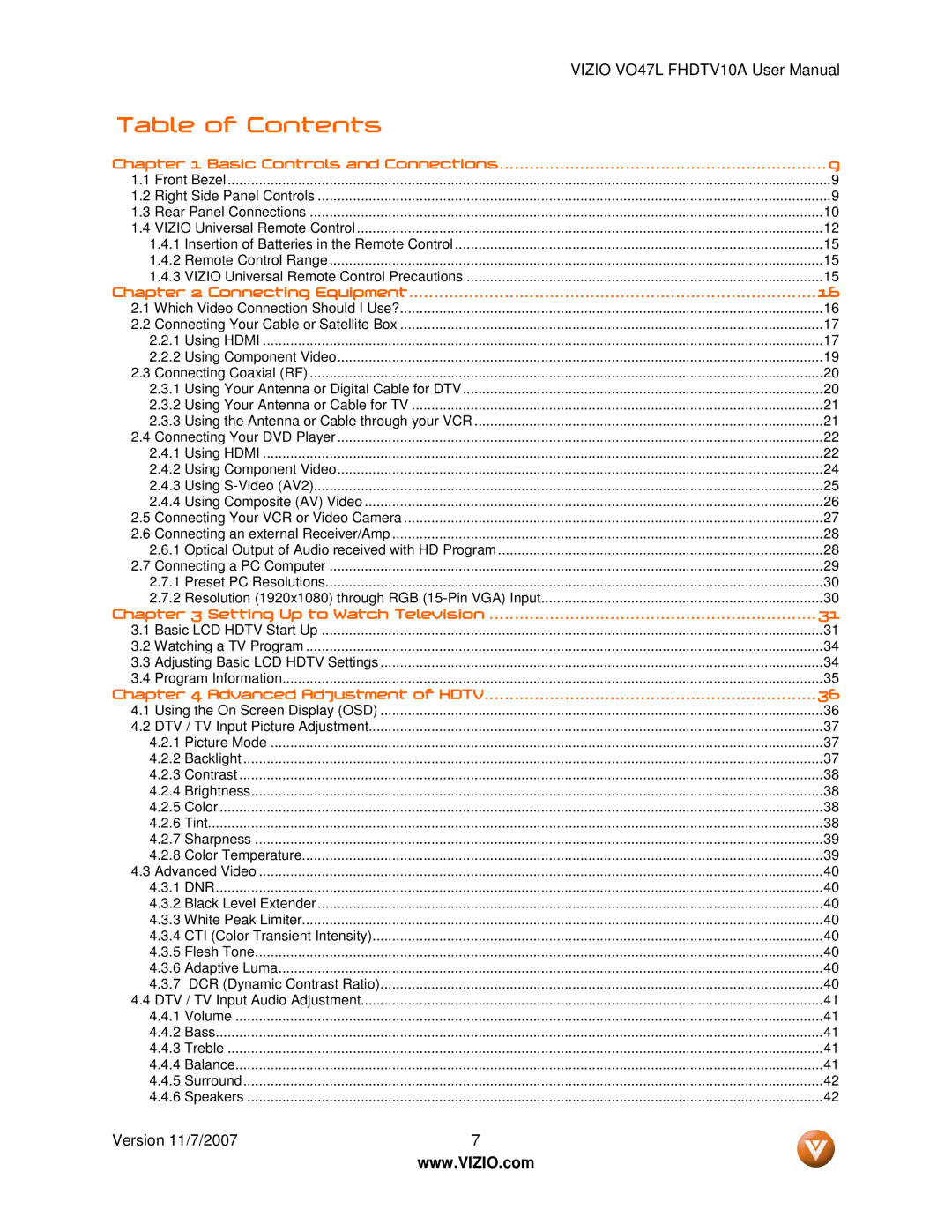 Vizio VO47L FHDTV10A manual Table of Contents 