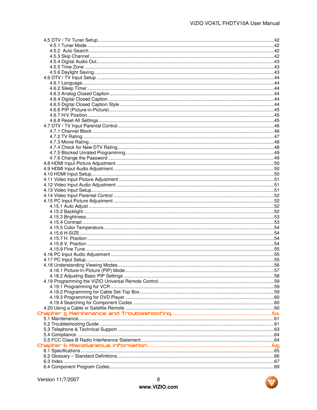 Vizio VO47L FHDTV10A manual Miscellaneous Information 