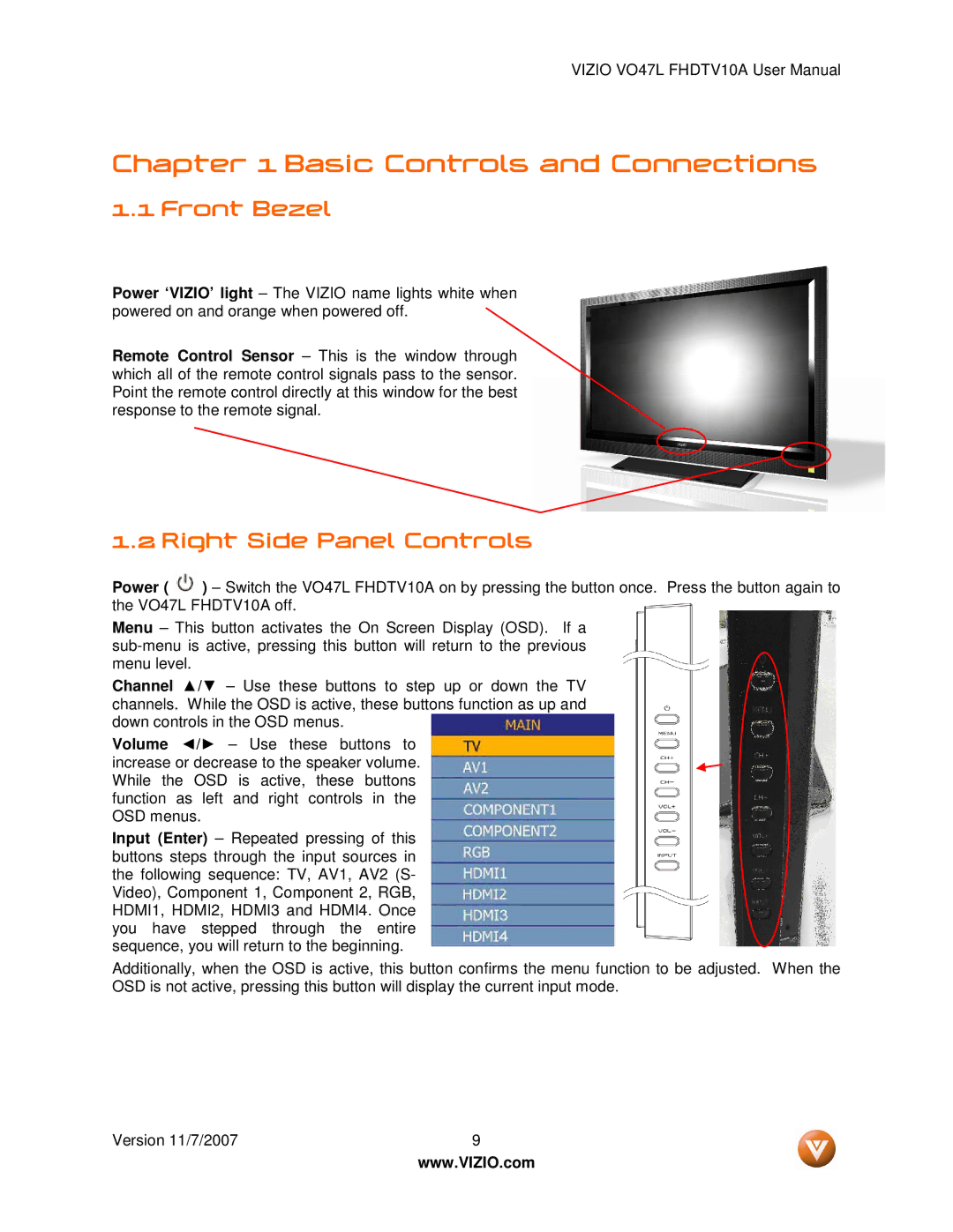 Vizio VO47L FHDTV10A manual Front Bezel, Right Side Panel Controls 