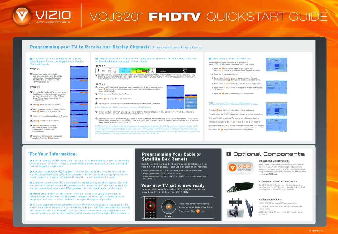 Vizio manual Programming Your Cable or Satellite Box Remote, VOJ3201A FHDTV QUICKSTART GUIDE, Optional Components, Step 