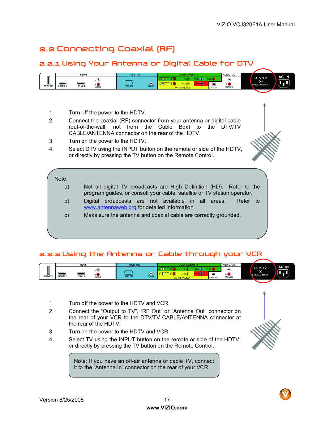 Vizio VOJ320F1A user manual Connecting Coaxial RF, Using Your Antenna or Digital Cable for DTV 
