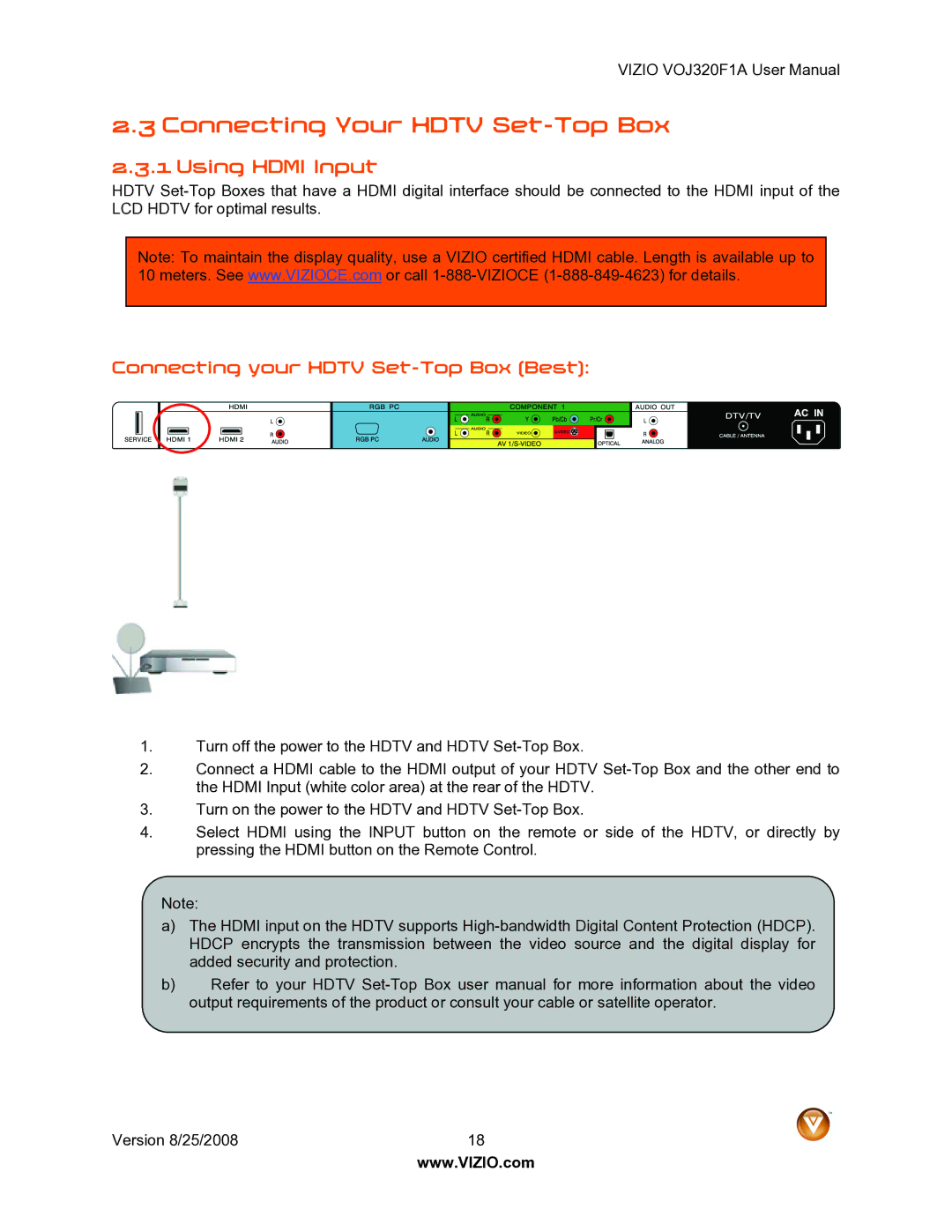 Vizio VOJ320F1A user manual Connecting Your Hdtv Set-Top Box, Using Hdmi Input, Connecting your Hdtv Set-Top Box Best 