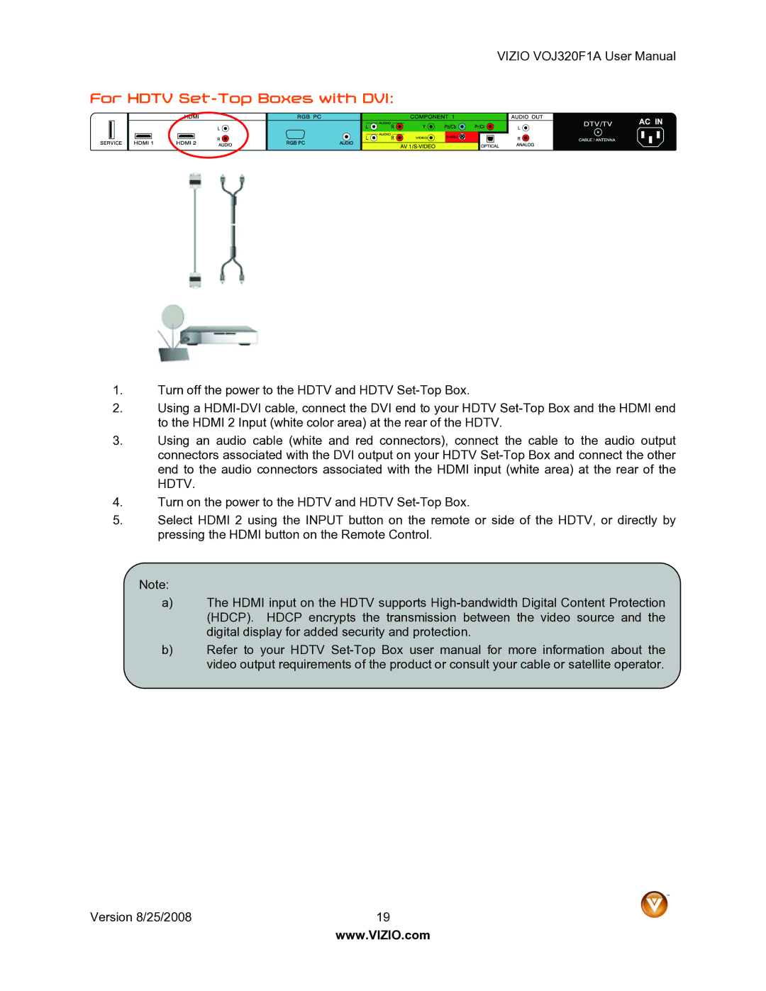 Vizio VOJ320F1A user manual For Hdtv Set-Top Boxes with DVI 