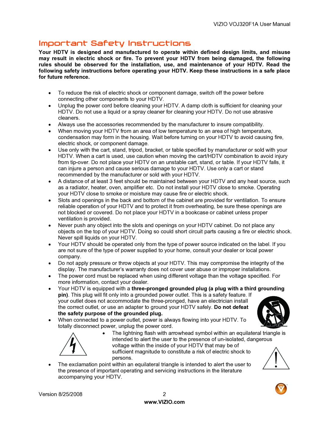 Vizio VOJ320F1A user manual Important Safety Instructions 