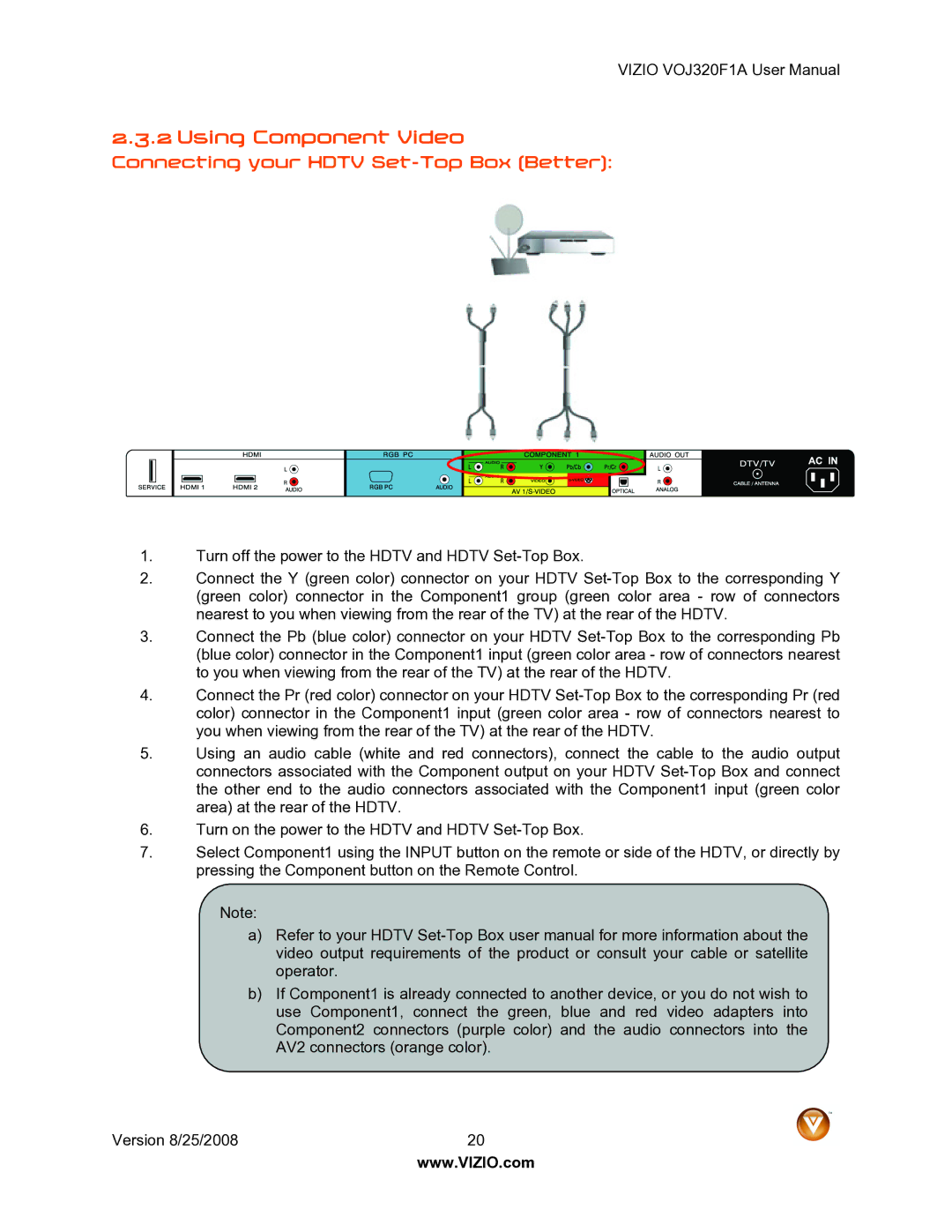 Vizio VOJ320F1A user manual Using Component Video, Connecting your Hdtv Set-Top Box Better 