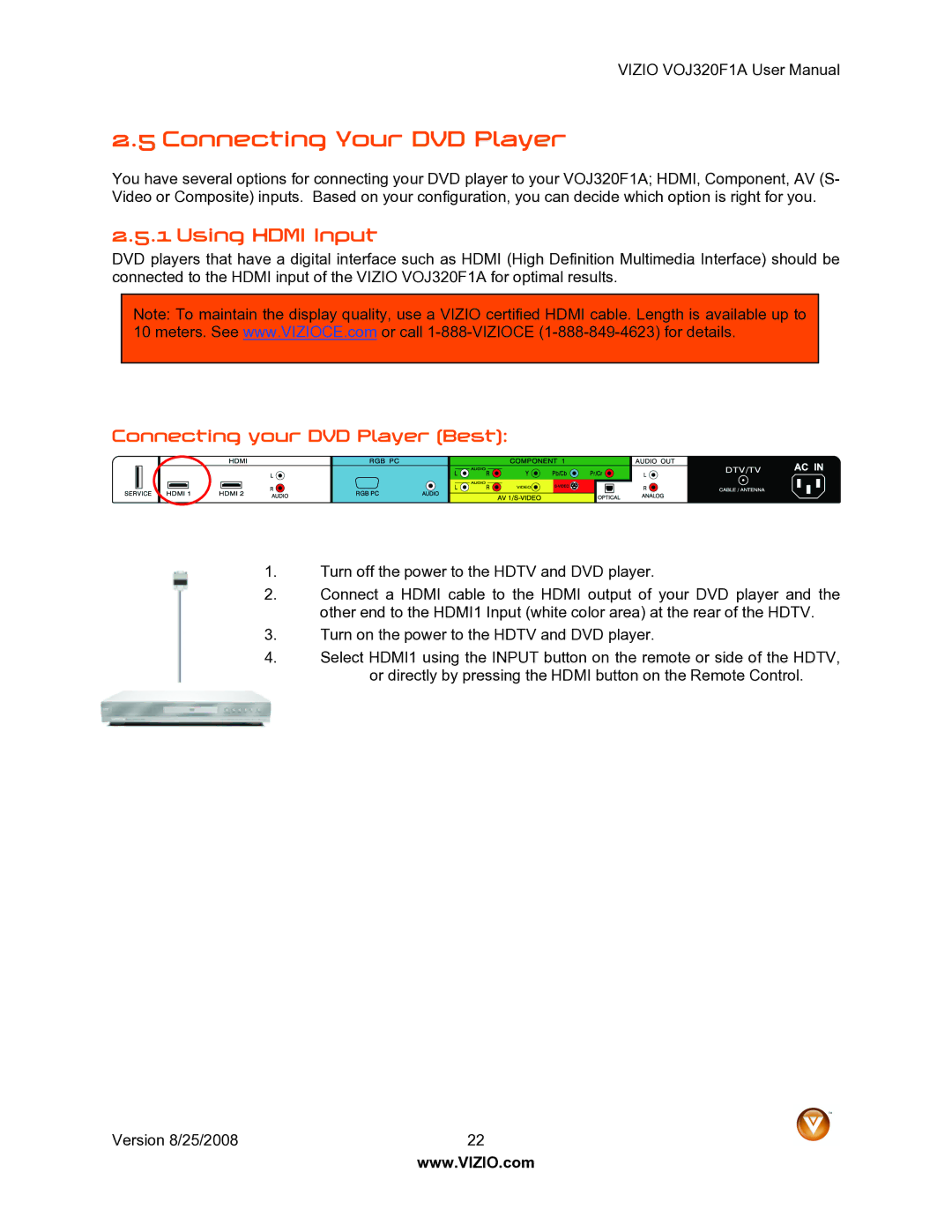 Vizio VOJ320F1A user manual Connecting Your DVD Player, Connecting your DVD Player Best 