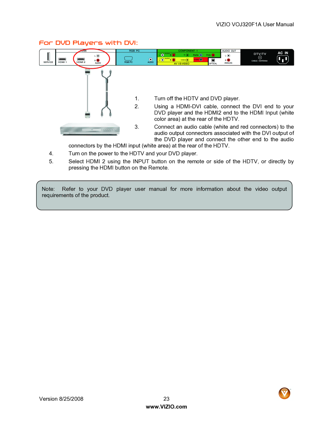 Vizio VOJ320F1A user manual For DVD Players with DVI 