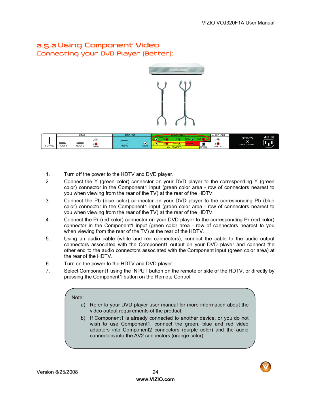 Vizio VOJ320F1A user manual Using Component Video, Connecting your DVD Player Better 