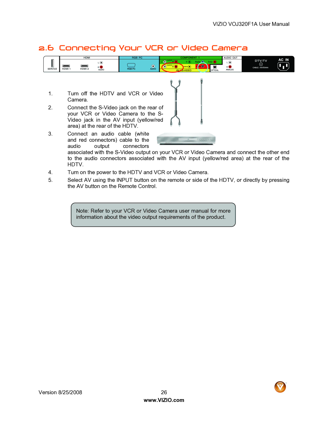 Vizio VOJ320F1A user manual Connecting Your VCR or Video Camera 