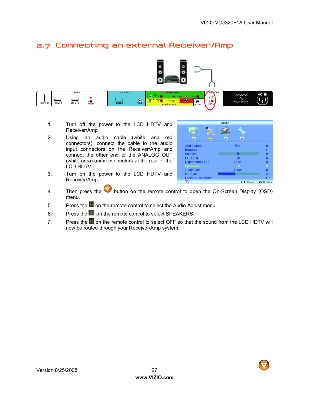 Vizio VOJ320F1A user manual Connecting an external Receiver/Amp, LCD Hdtv 
