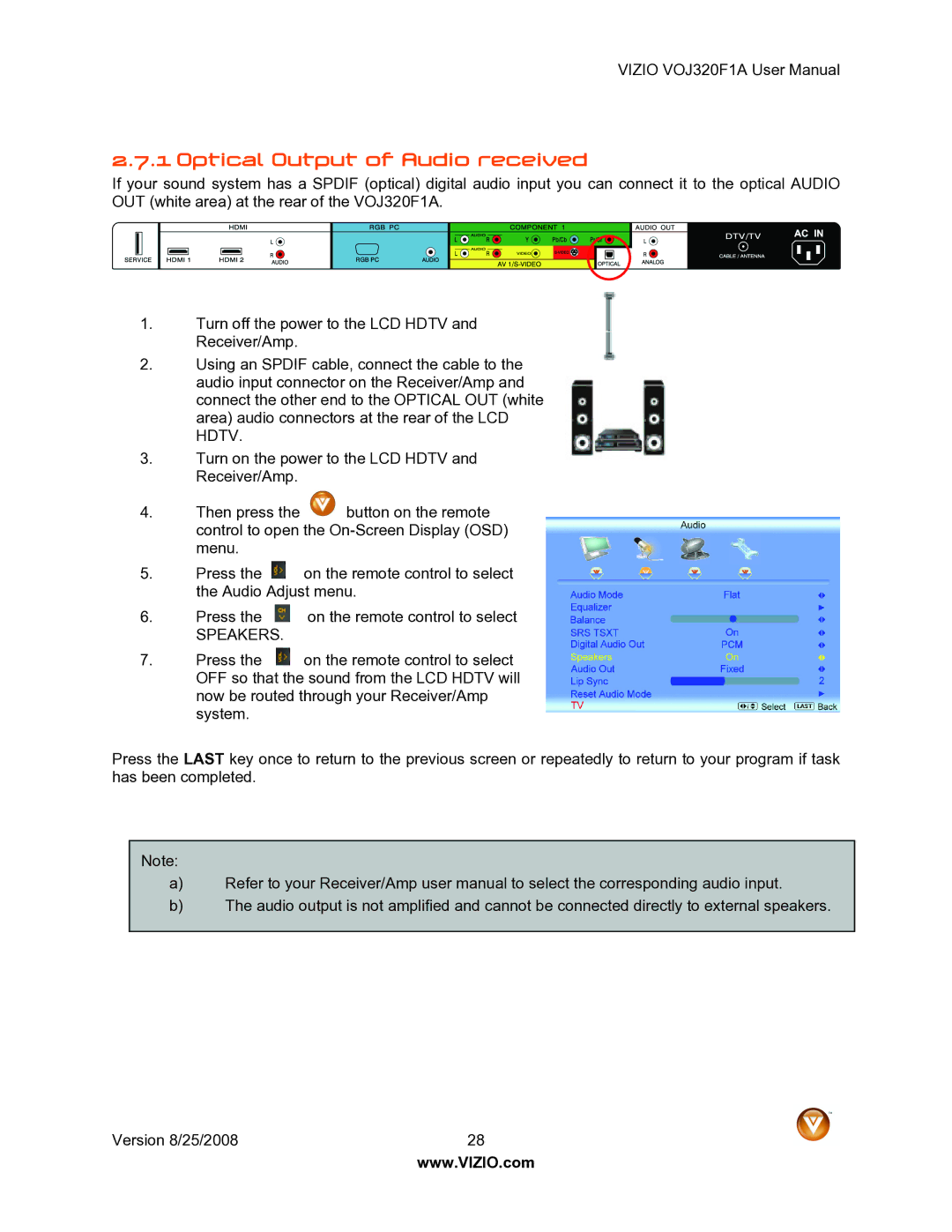 Vizio VOJ320F1A user manual Optical Output of Audio received, Speakers 