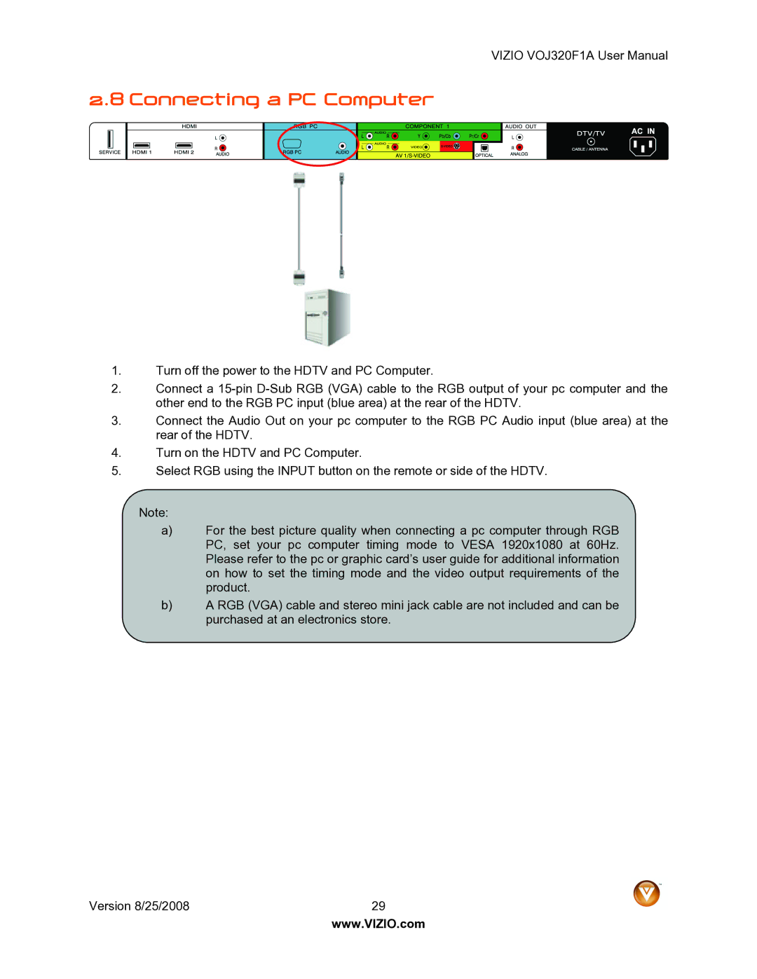 Vizio VOJ320F1A user manual Connecting a PC Computer 