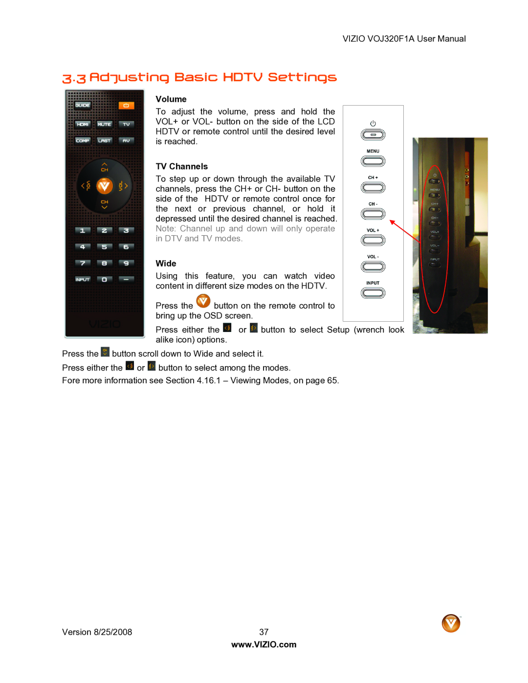 Vizio VOJ320F1A user manual Adjusting Basic Hdtv Settings, Volume, TV Channels, Wide 