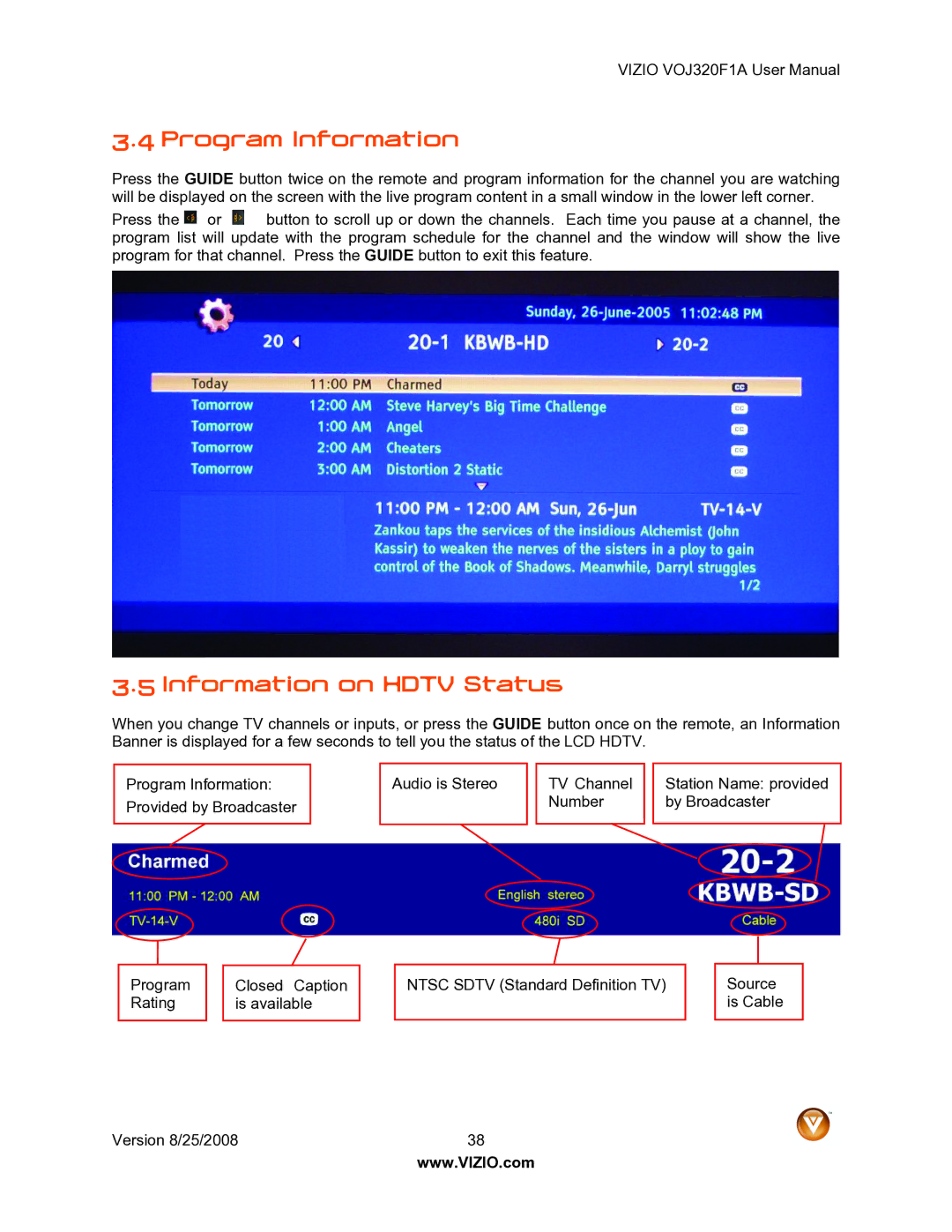 Vizio VOJ320F1A user manual Program Information, Information on Hdtv Status 