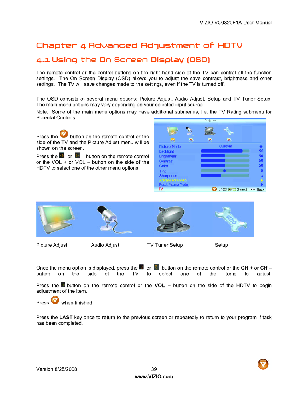 Vizio VOJ320F1A user manual Advanced Adjustment of Hdtv, Using the On Screen Display OSD 