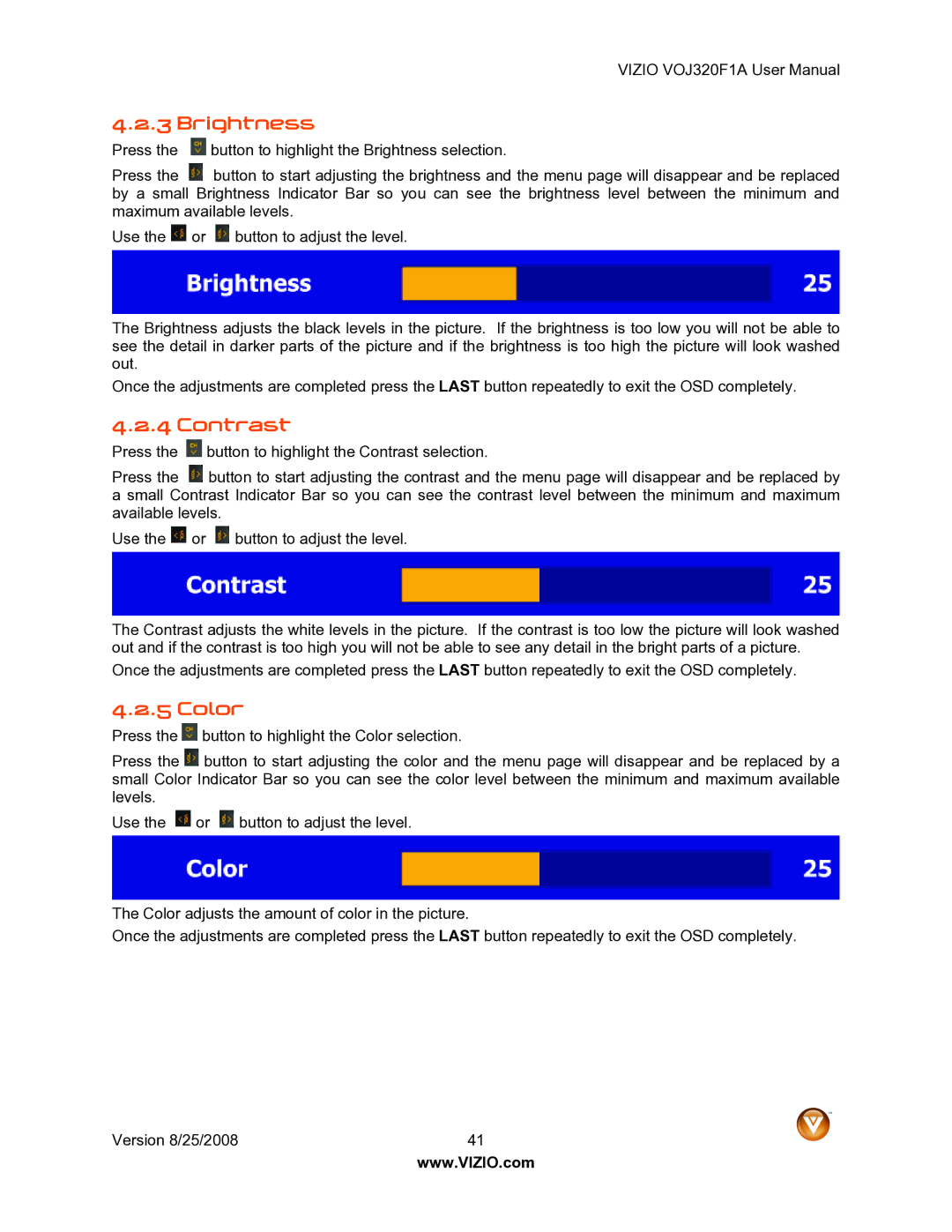 Vizio VOJ320F1A user manual Brightness, Contrast, Color 