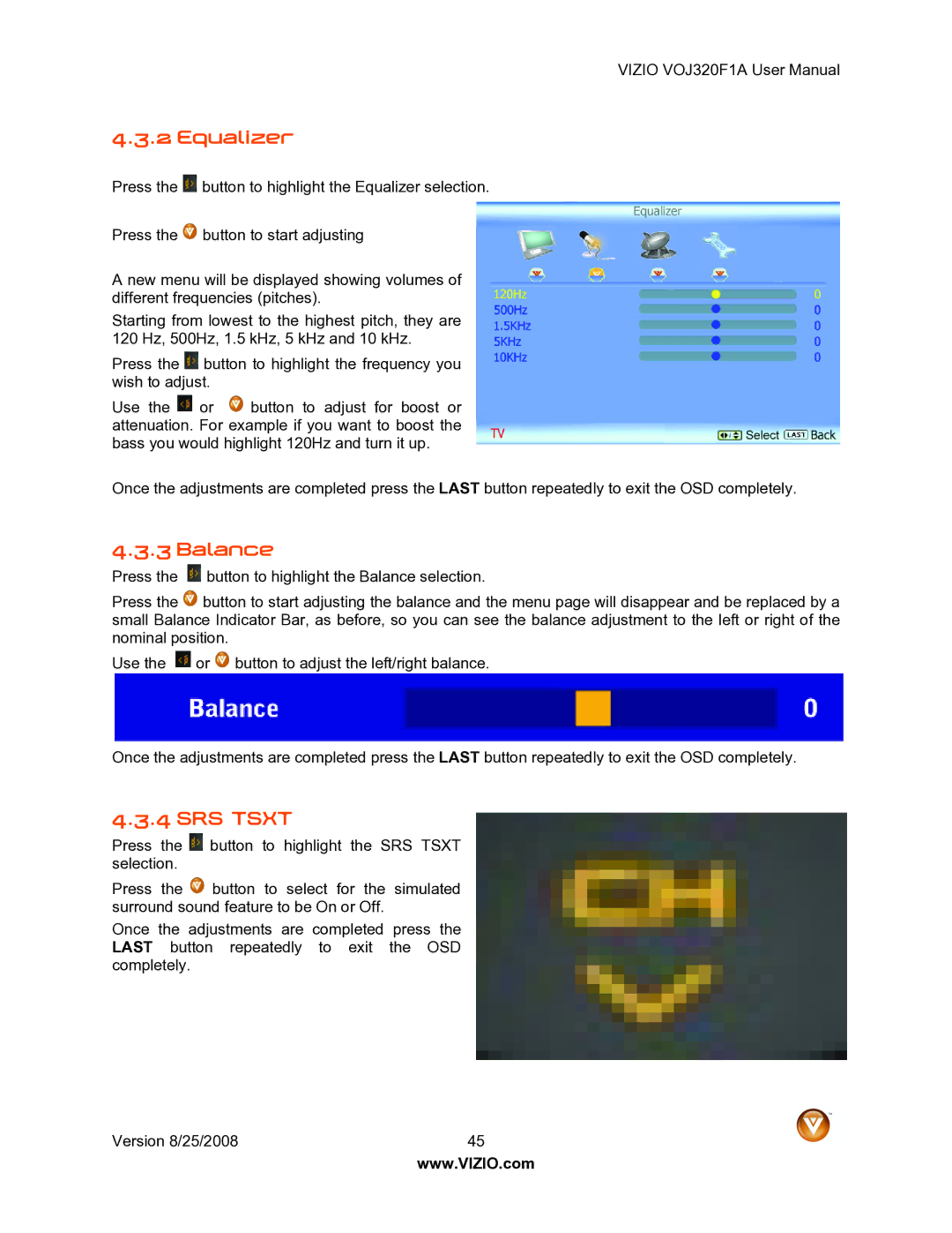 Vizio VOJ320F1A user manual Equalizer, Balance, SRS Tsxt 