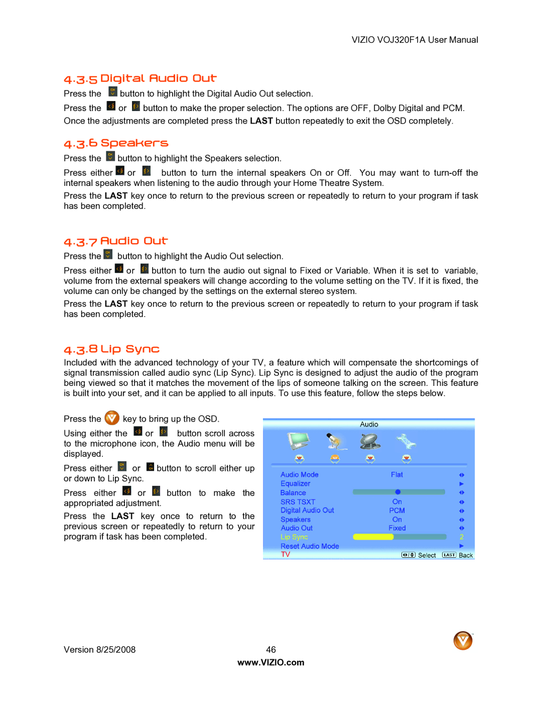 Vizio VOJ320F1A user manual Digital Audio Out, Speakers, Lip Sync 