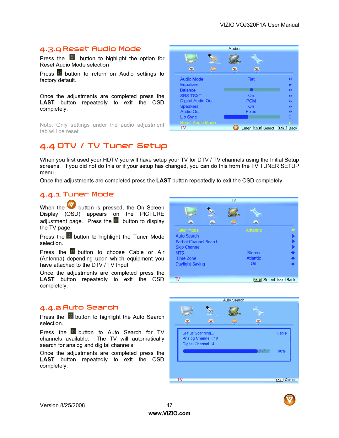 Vizio VOJ320F1A user manual DTV / TV Tuner Setup, Reset Audio Mode, Tuner Mode, Auto Search 