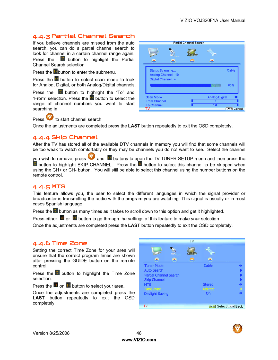 Vizio VOJ320F1A user manual Partial Channel Search, Skip Channel, 5 MTS, Time Zone 