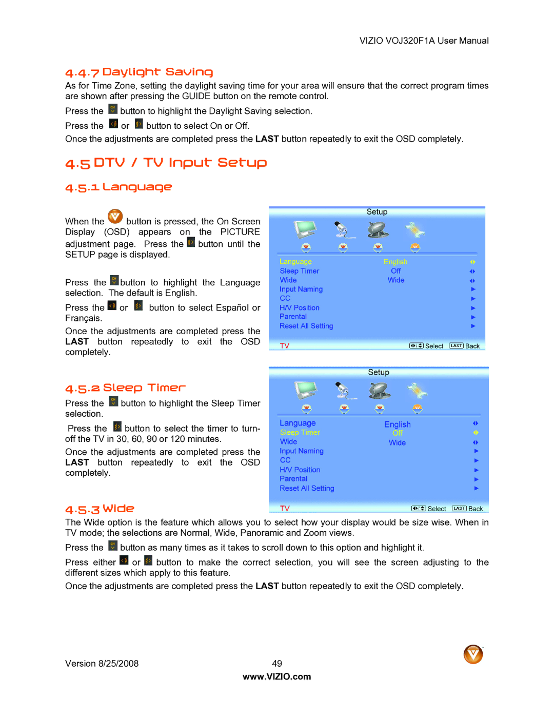 Vizio VOJ320F1A user manual DTV / TV Input Setup, Daylight Saving, Language, Sleep Timer, Wide 