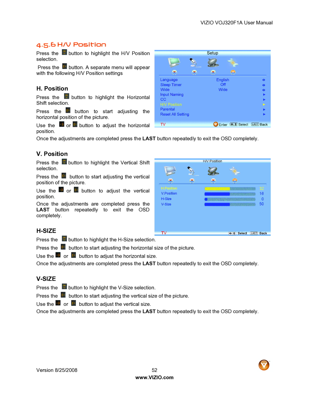 Vizio VOJ320F1A user manual 6 H/V Position 