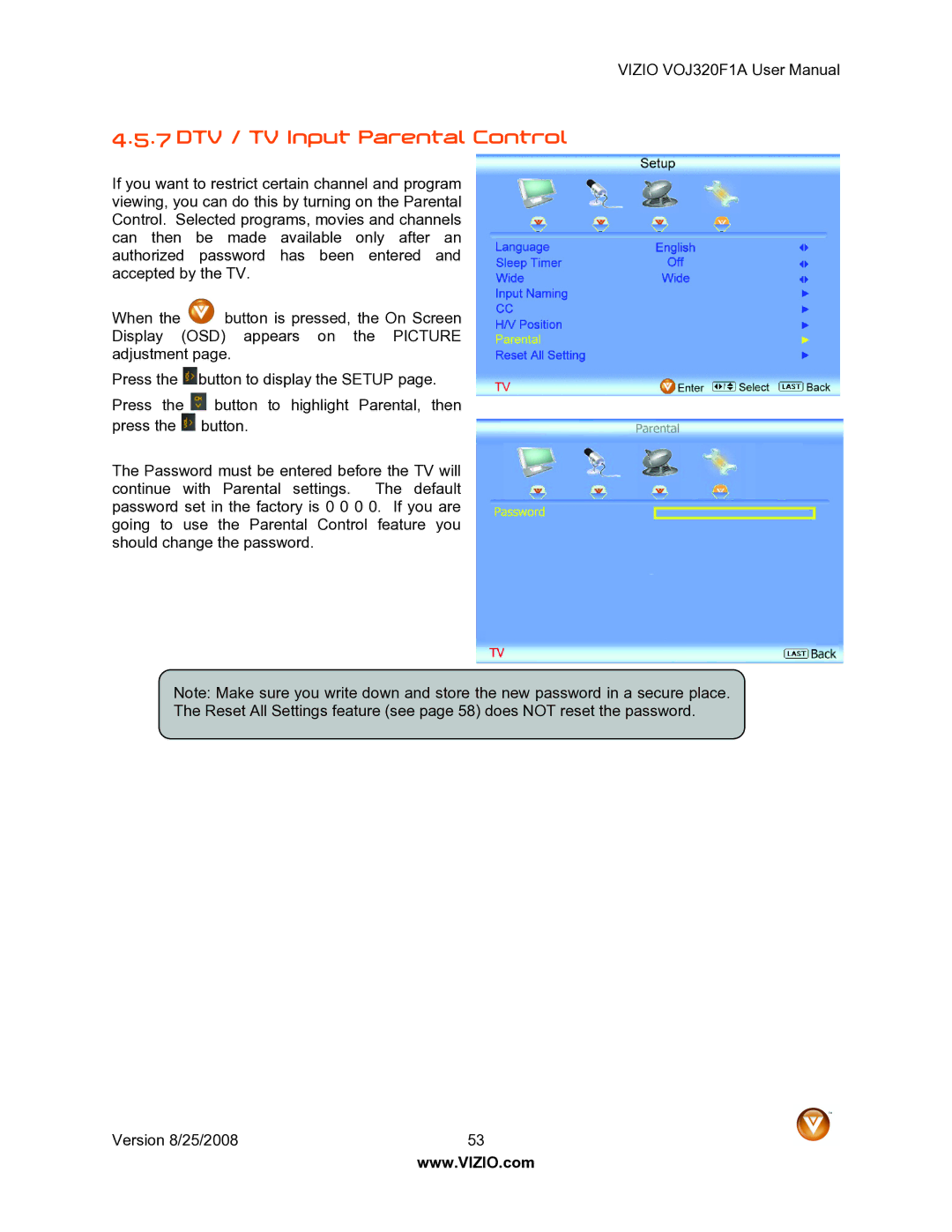 Vizio VOJ320F1A user manual DTV / TV Input Parental Control 