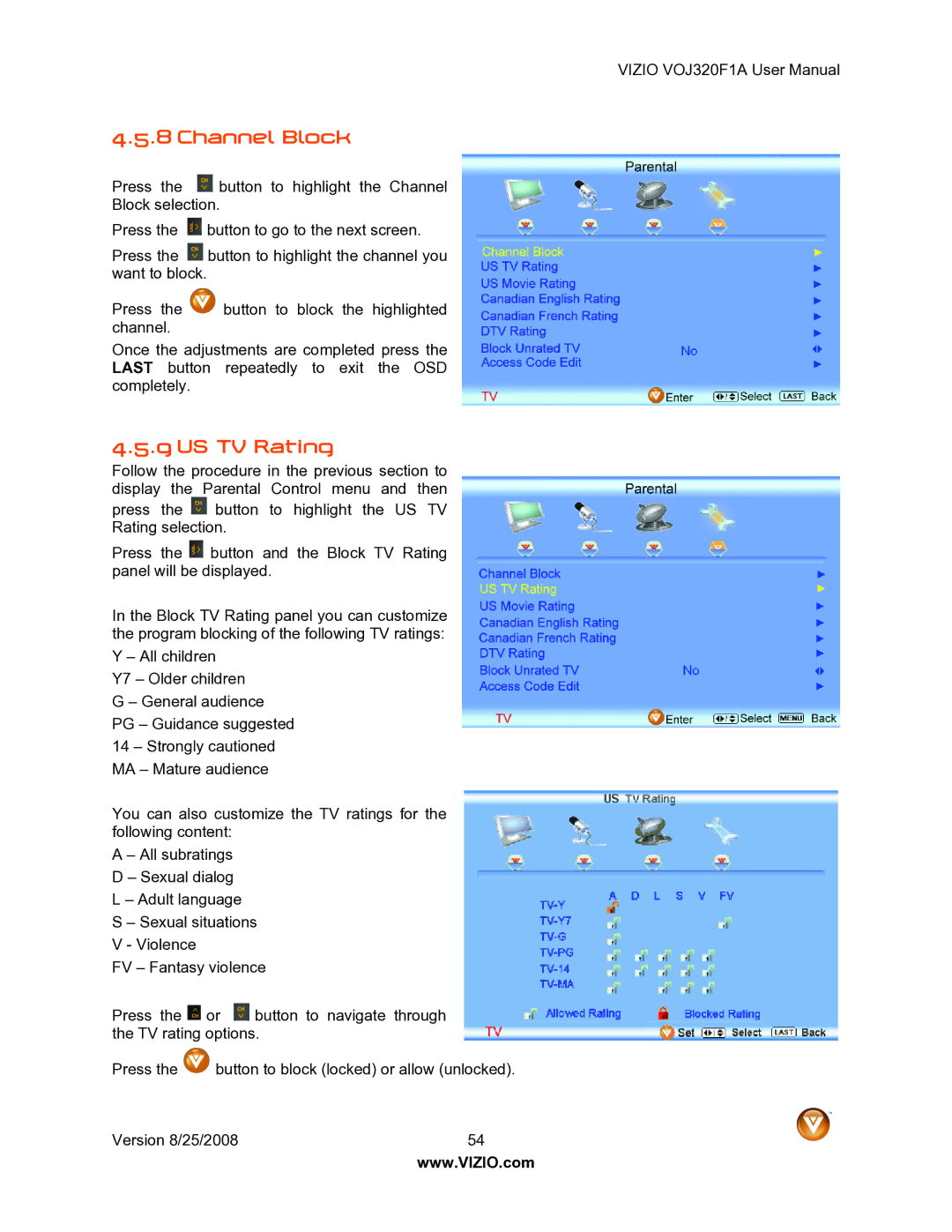 Vizio VOJ320F1A user manual Channel Block, US TV Rating 