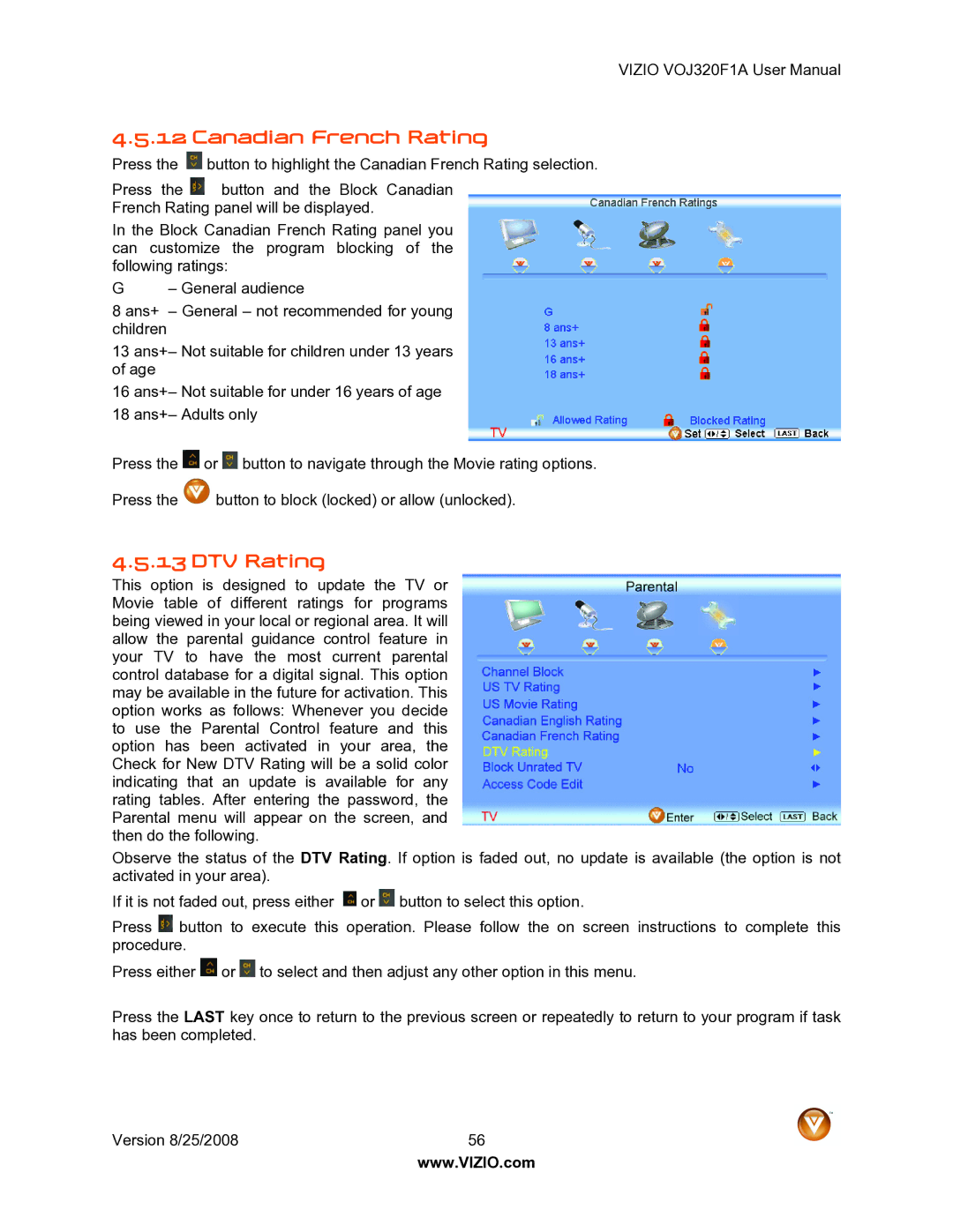 Vizio VOJ320F1A user manual Canadian French Rating, DTV Rating 