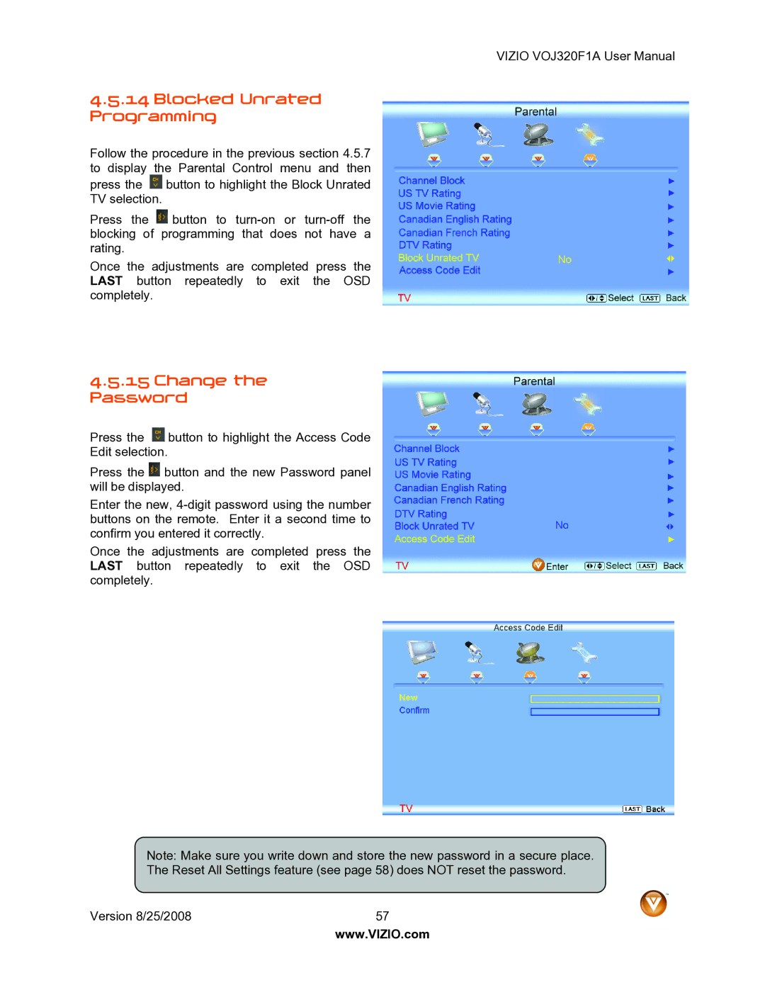 Vizio VOJ320F1A user manual Blocked Unrated Programming, Change the Password 