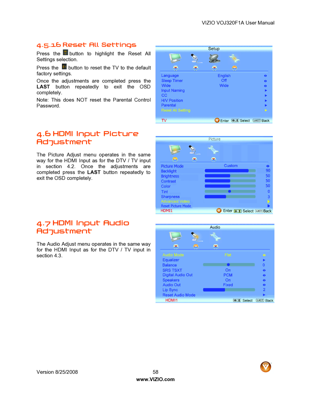 Vizio VOJ320F1A user manual Hdmi Input Picture Adjustment, Hdmi Input Audio Adjustment, Reset All Settings 