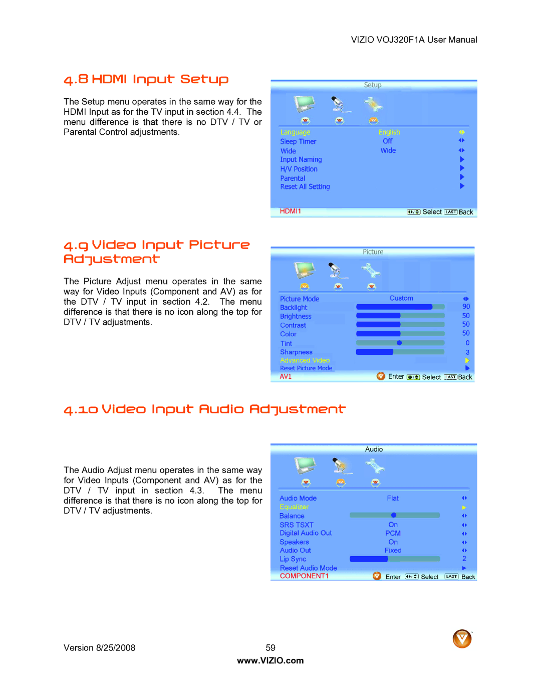 Vizio VOJ320F1A user manual Hdmi Input Setup, Video Input Picture Adjustment, Video Input Audio Adjustment 