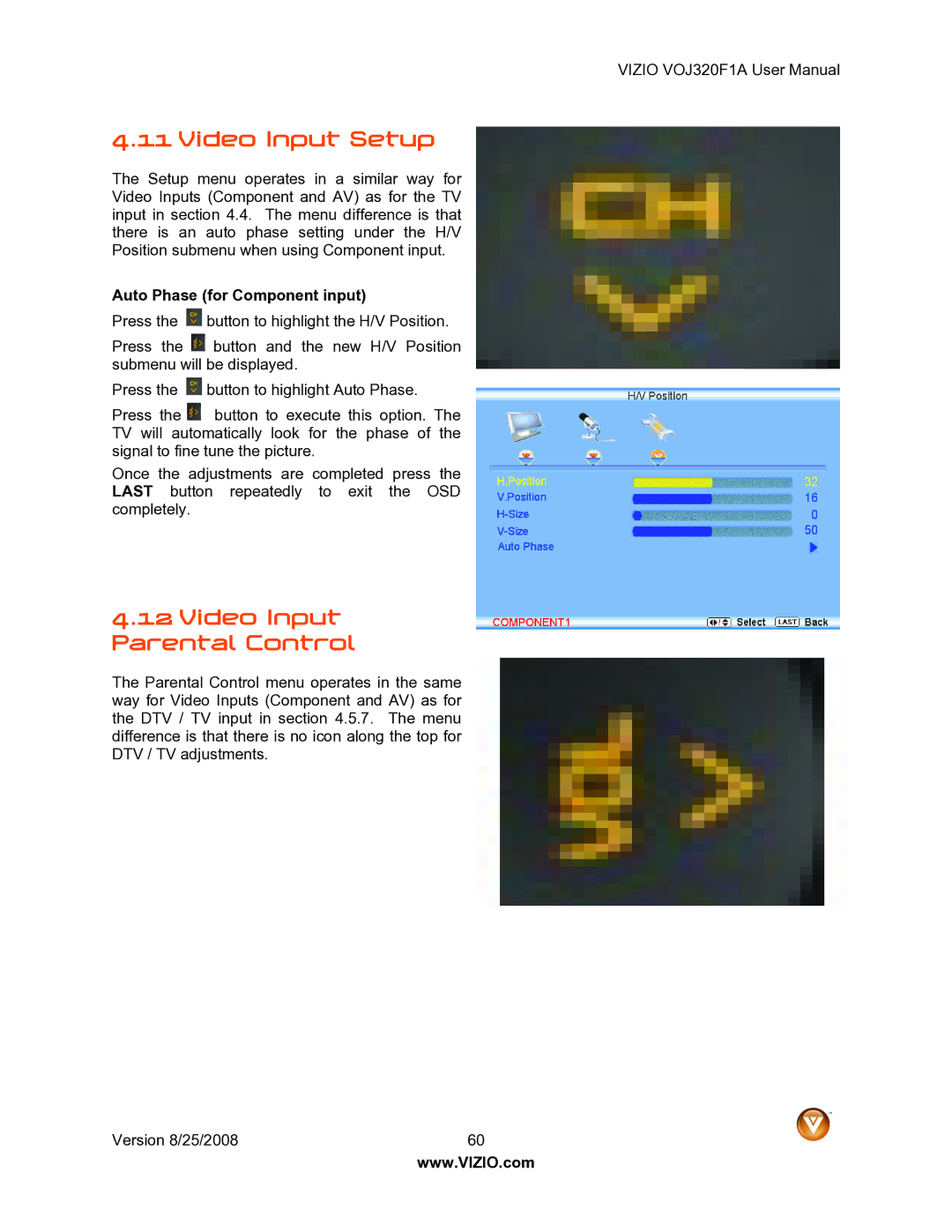 Vizio VOJ320F1A user manual Video Input Setup, Video Input Parental Control, Auto Phase for Component input 