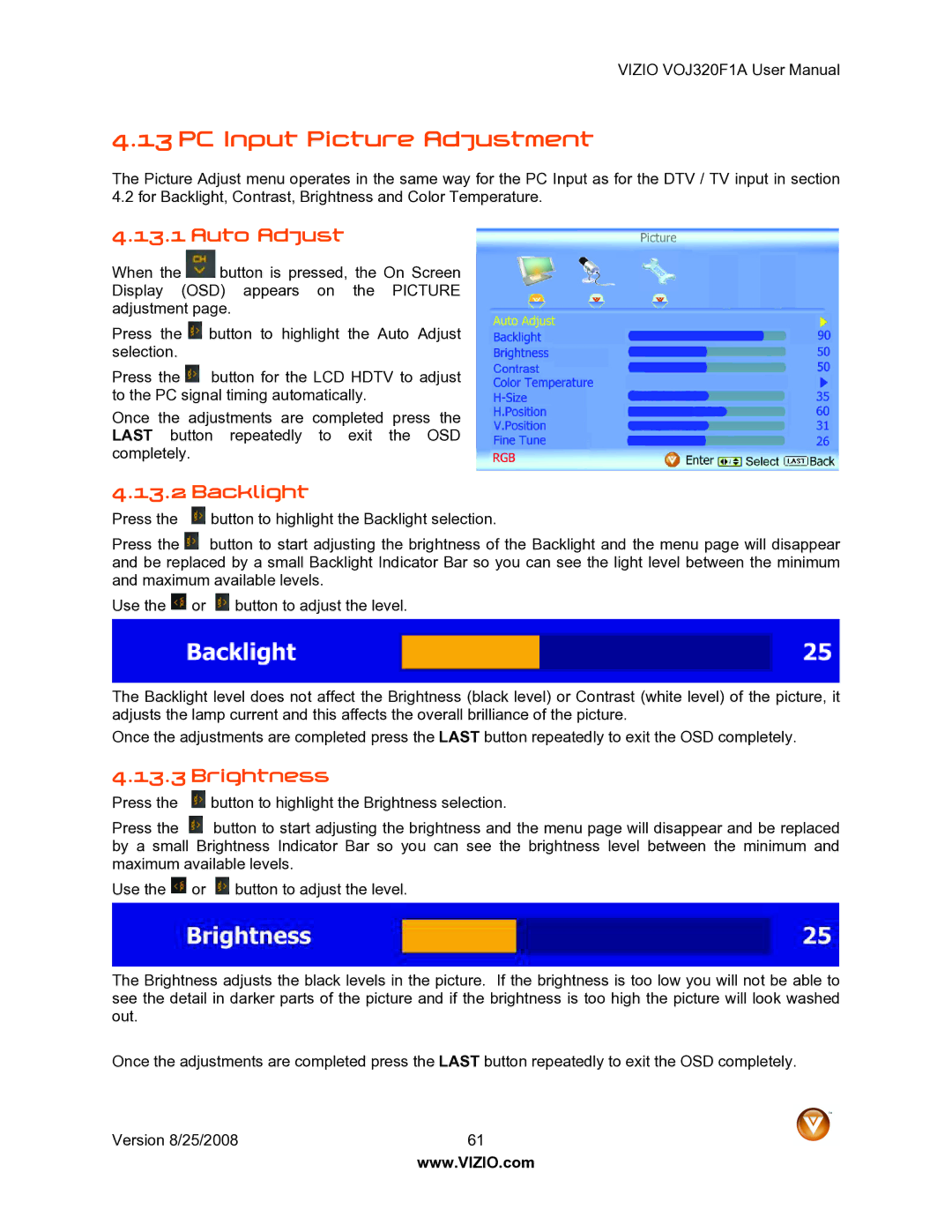 Vizio VOJ320F1A user manual PC Input Picture Adjustment, Auto Adjust 