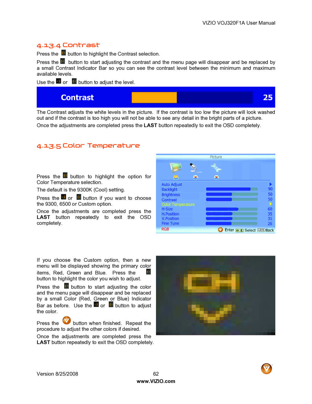 Vizio VOJ320F1A user manual Contrast, Color Temperature 