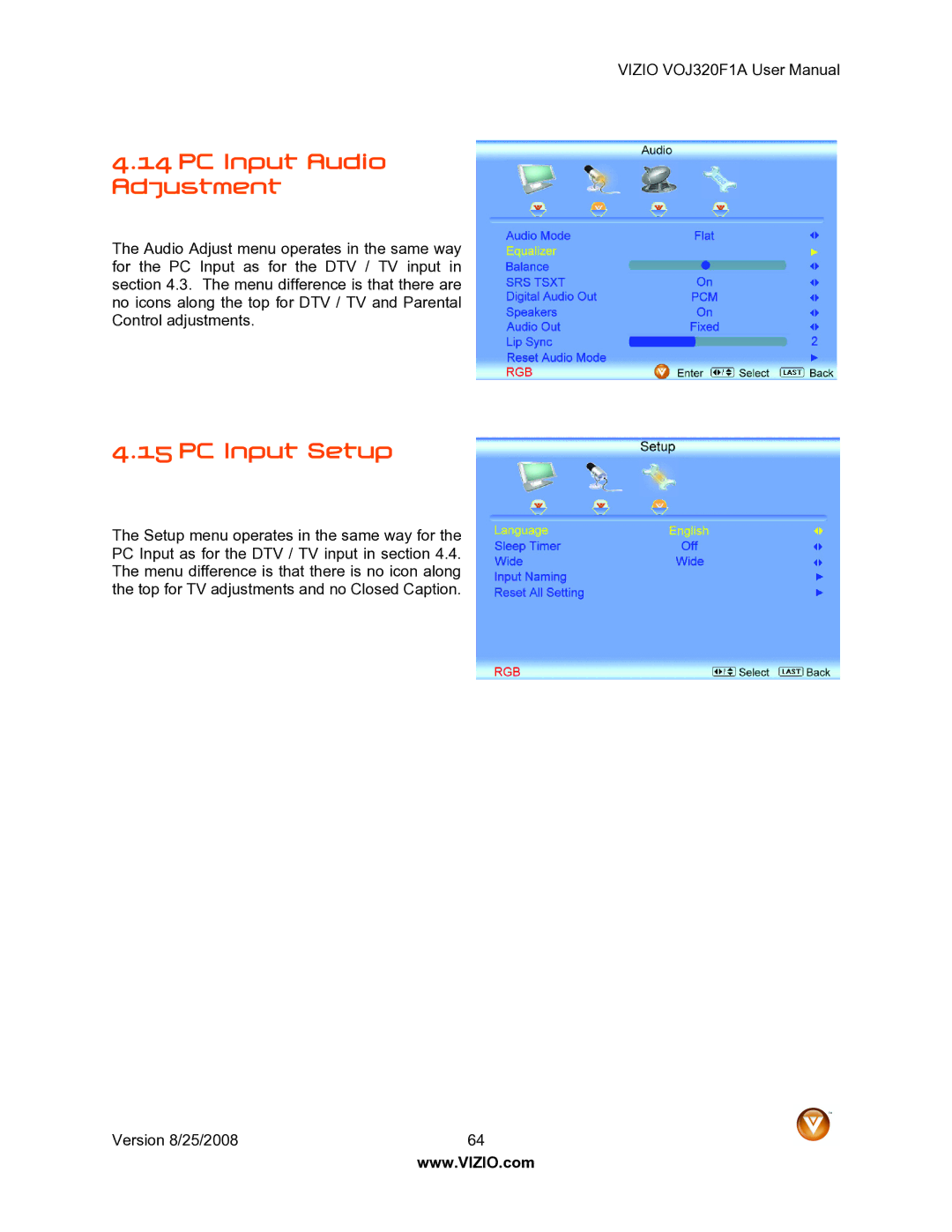 Vizio VOJ320F1A user manual PC Input Audio Adjustment, PC Input Setup 