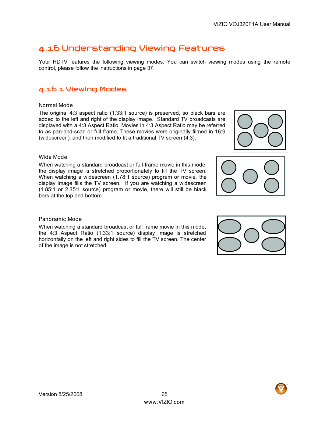 Vizio VOJ320F1A user manual Understanding Viewing Features, Viewing Modes, Normal Mode, Wide Mode, Panoramic Mode 