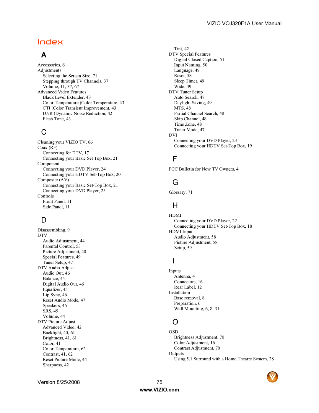 Vizio VOJ320F1A user manual Index, Dtv 