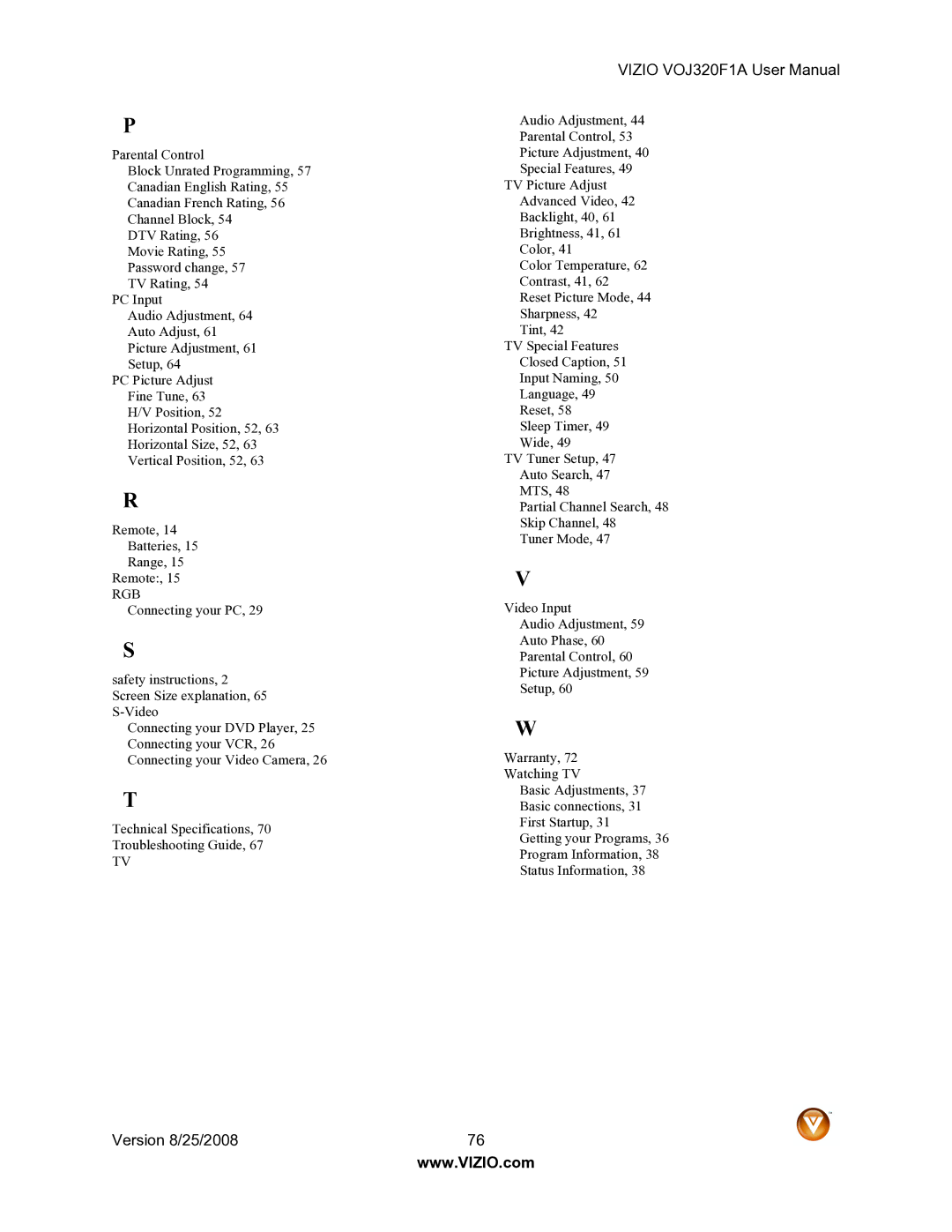 Vizio VOJ320F1A user manual Rgb 