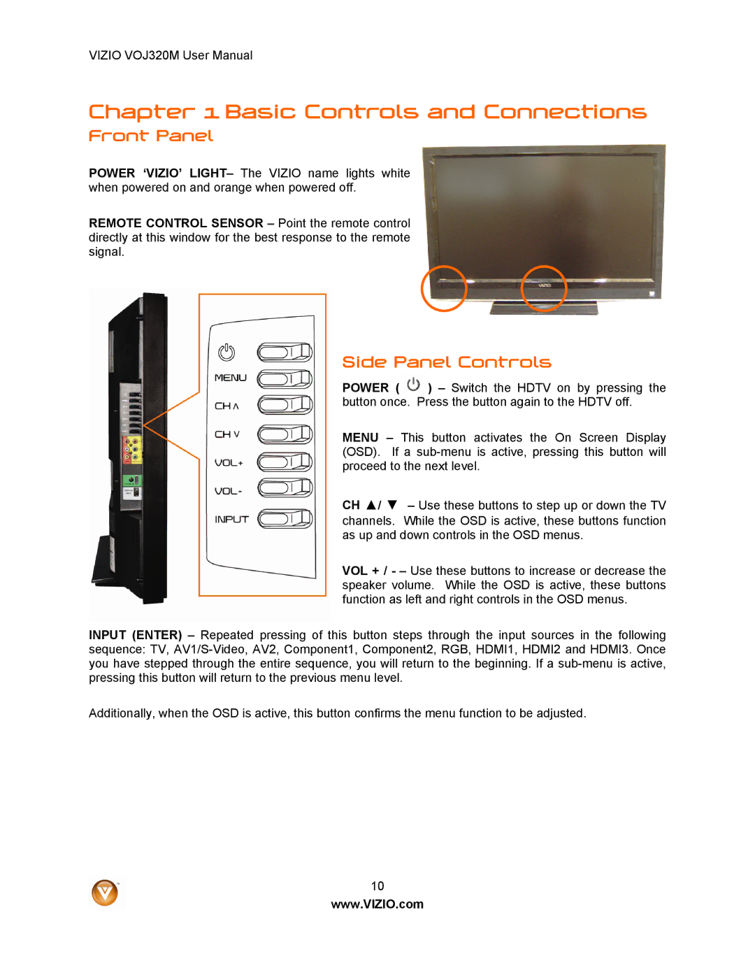 Vizio VOJ320M manual Front Panel, Side Panel Controls 