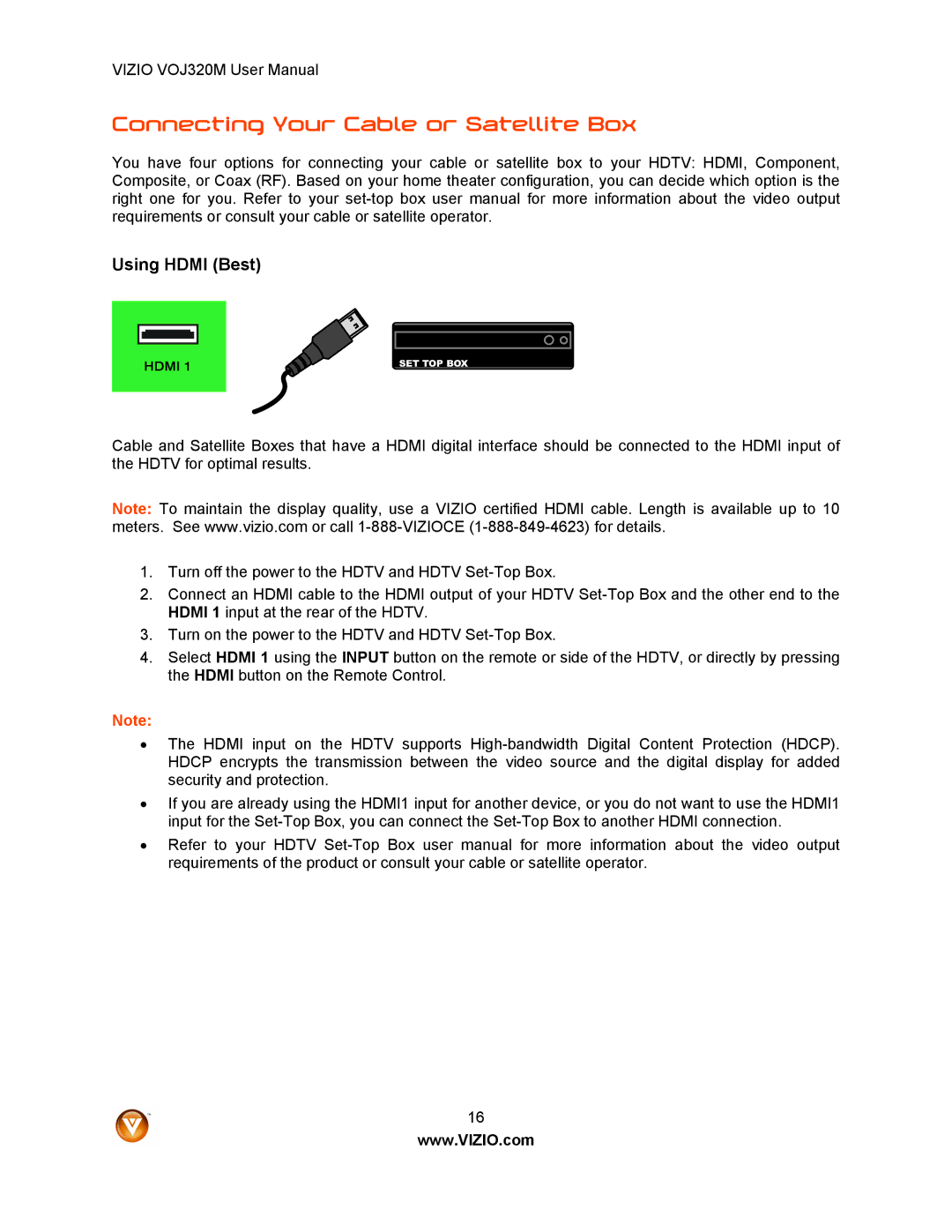 Vizio VOJ320M manual Connecting Your Cable or Satellite Box, Using Hdmi Best 