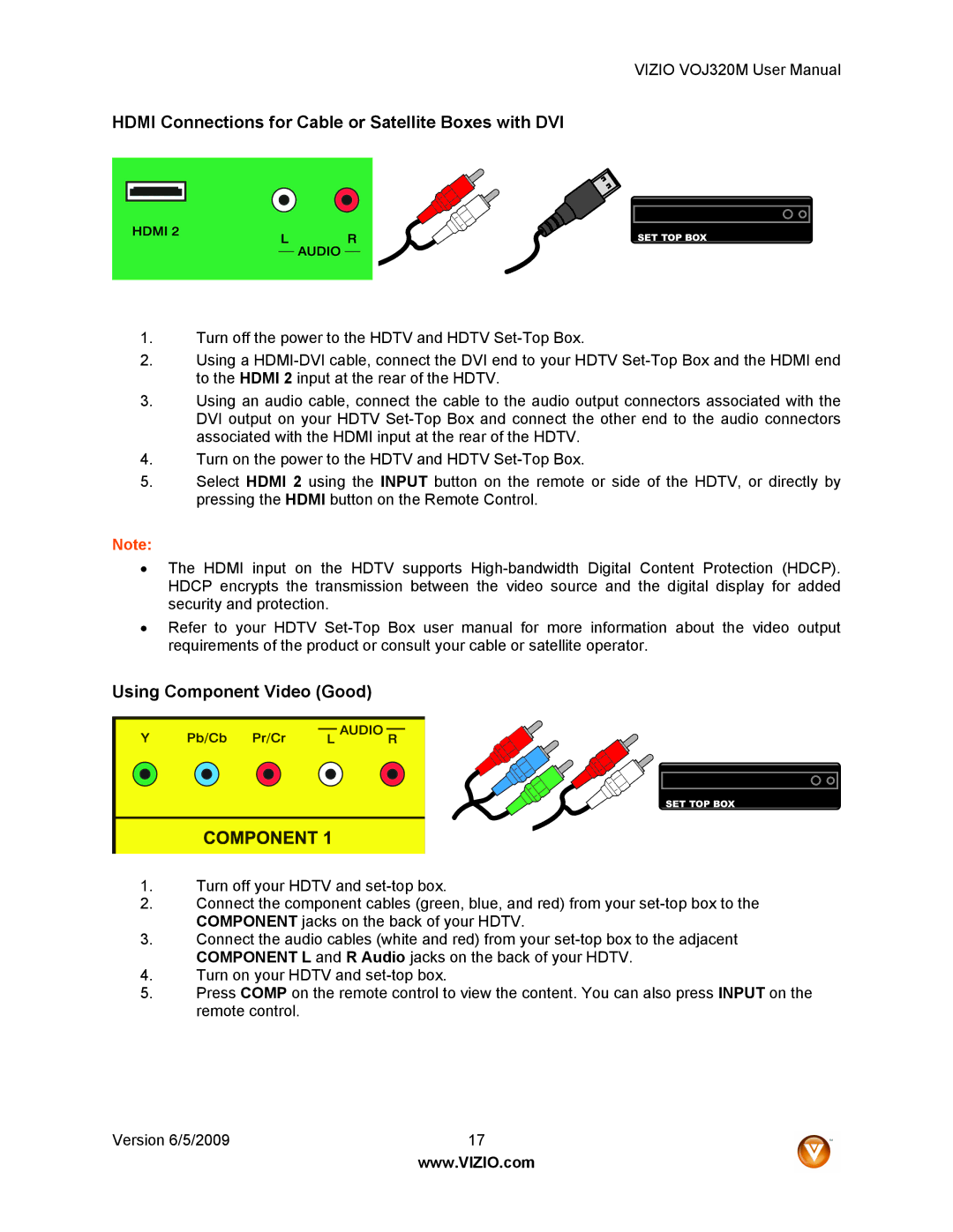 Vizio VOJ320M manual Hdmi Connections for Cable or Satellite Boxes with DVI, Using Component Video Good 