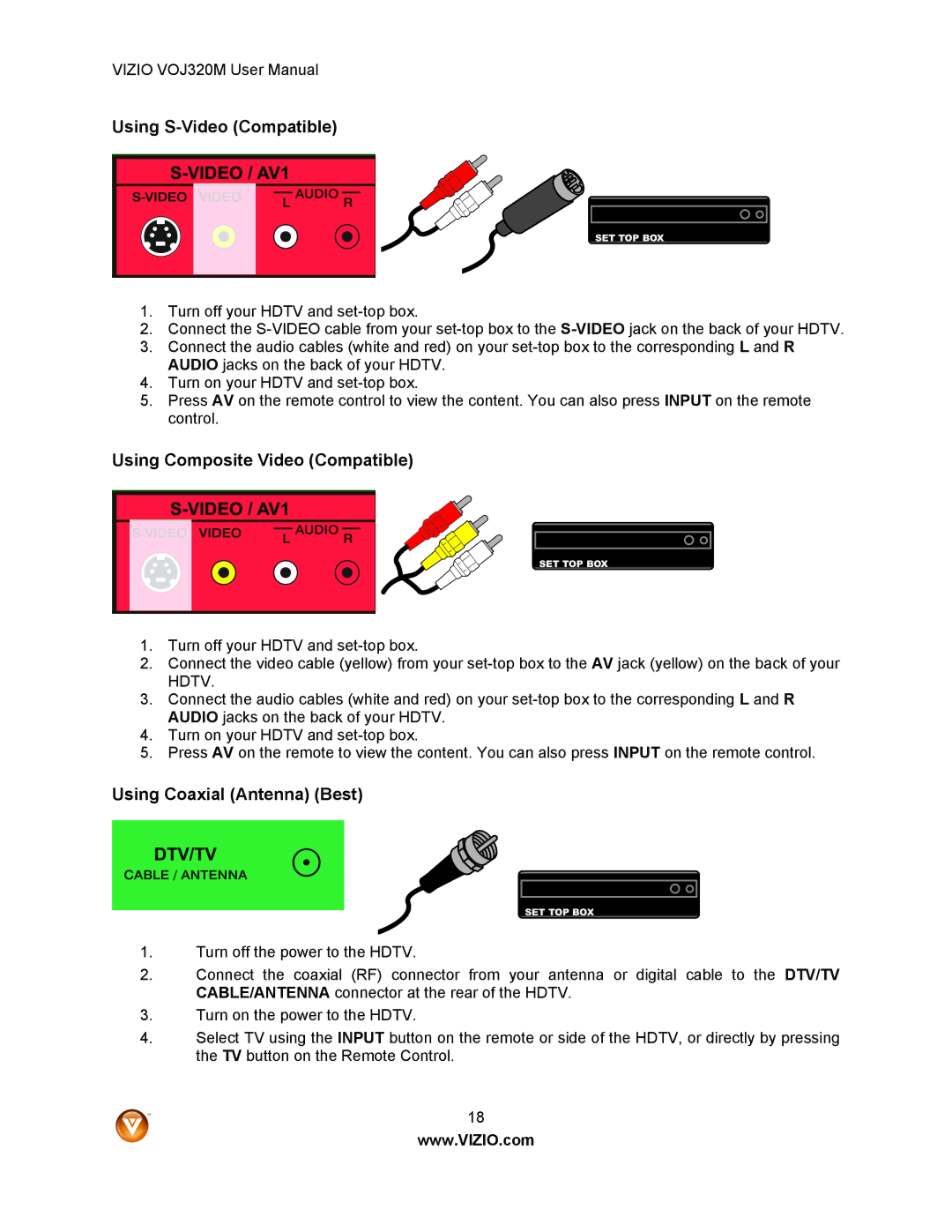 Vizio VOJ320M manual Using S-Video Compatible, Using Composite Video Compatible, Using Coaxial Antenna Best 