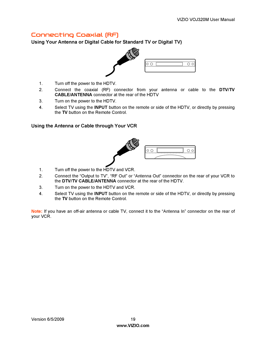 Vizio VOJ320M manual Connecting Coaxial RF, Using the Antenna or Cable through Your VCR 