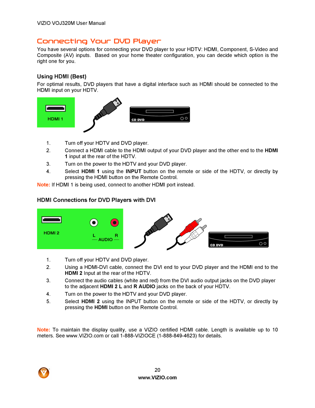 Vizio VOJ320M manual Connecting Your DVD Player, Hdmi Connections for DVD Players with DVI 