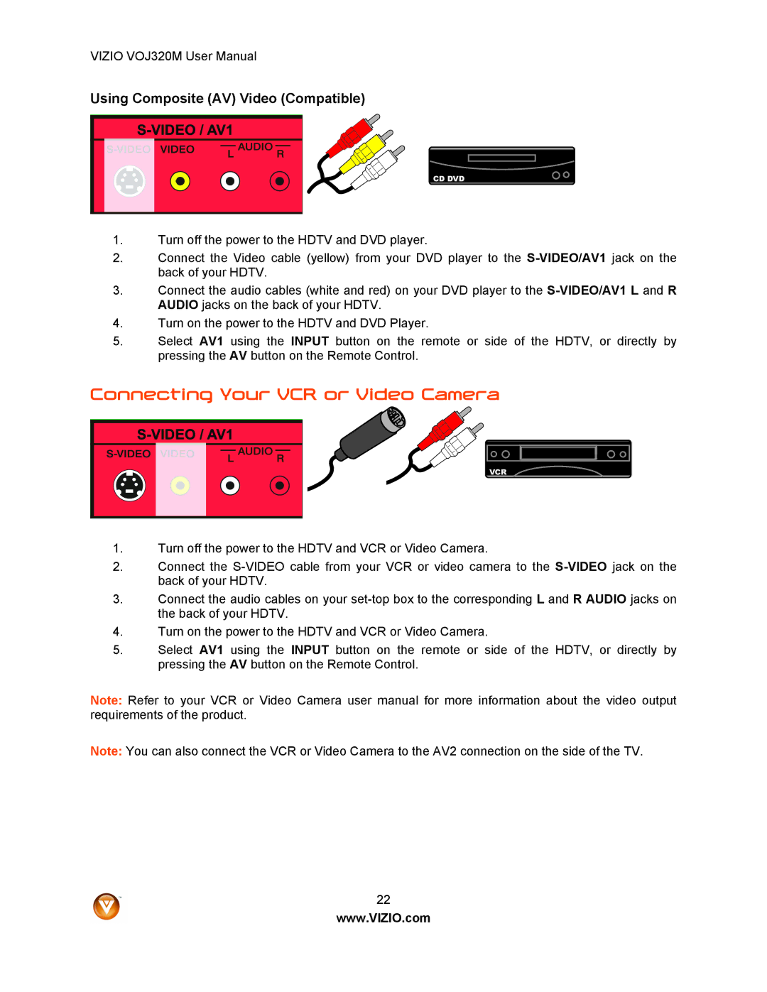 Vizio VOJ320M manual Connecting Your VCR or Video Camera, Using Composite AV Video Compatible 