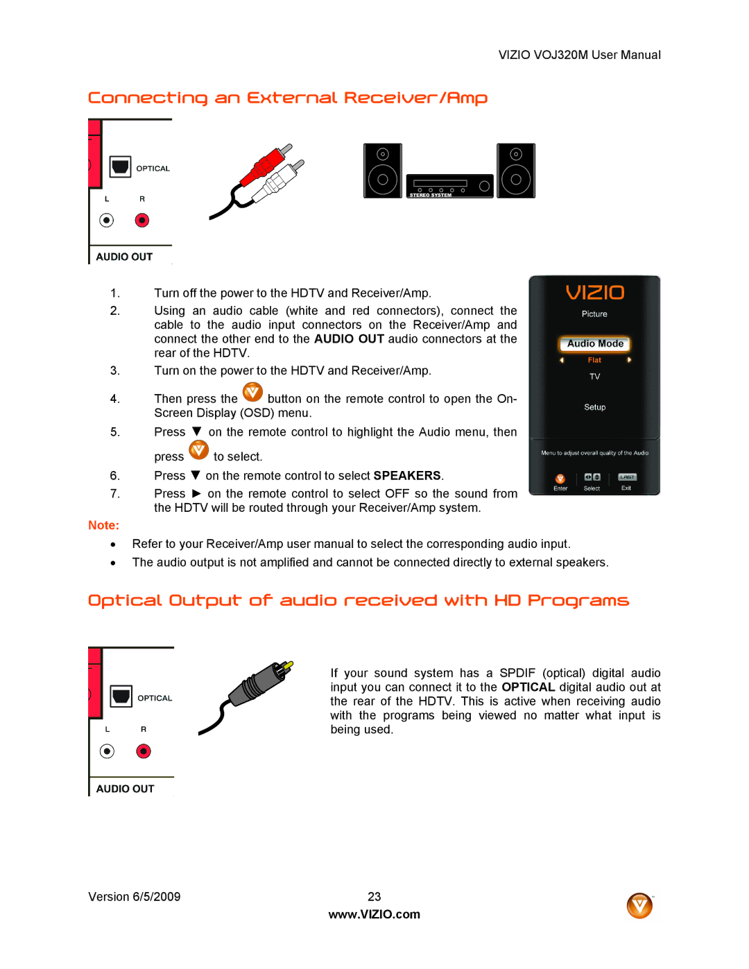 Vizio VOJ320M manual Connecting an External Receiver/Amp, Optical Output of audio received with HD Programs 