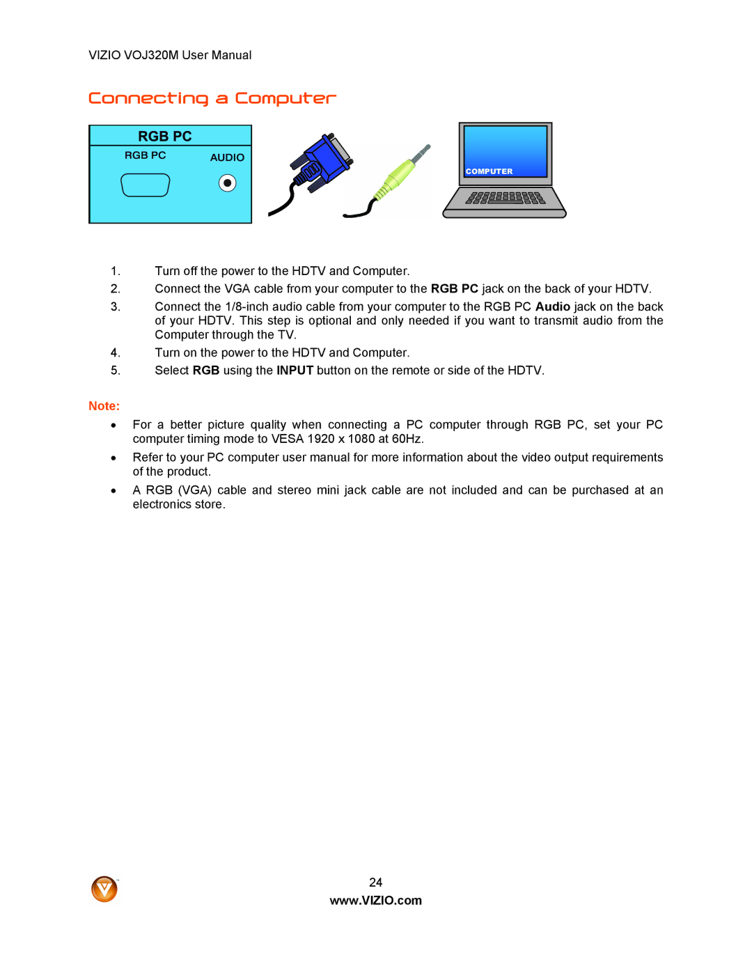 Vizio VOJ320M manual Connecting a Computer 